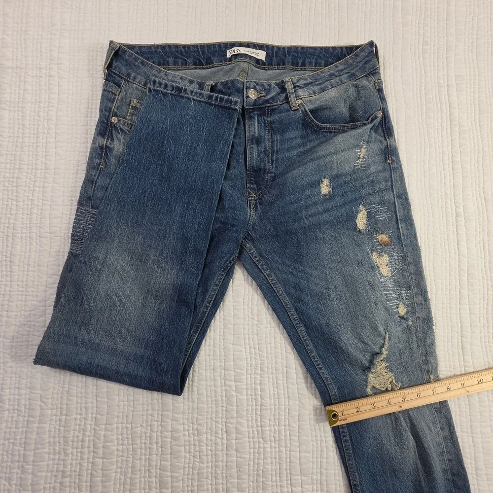 Zara Jeans Men's 36x30 Med Wash Destroyed Patched Tapered Leg Stretch Denim